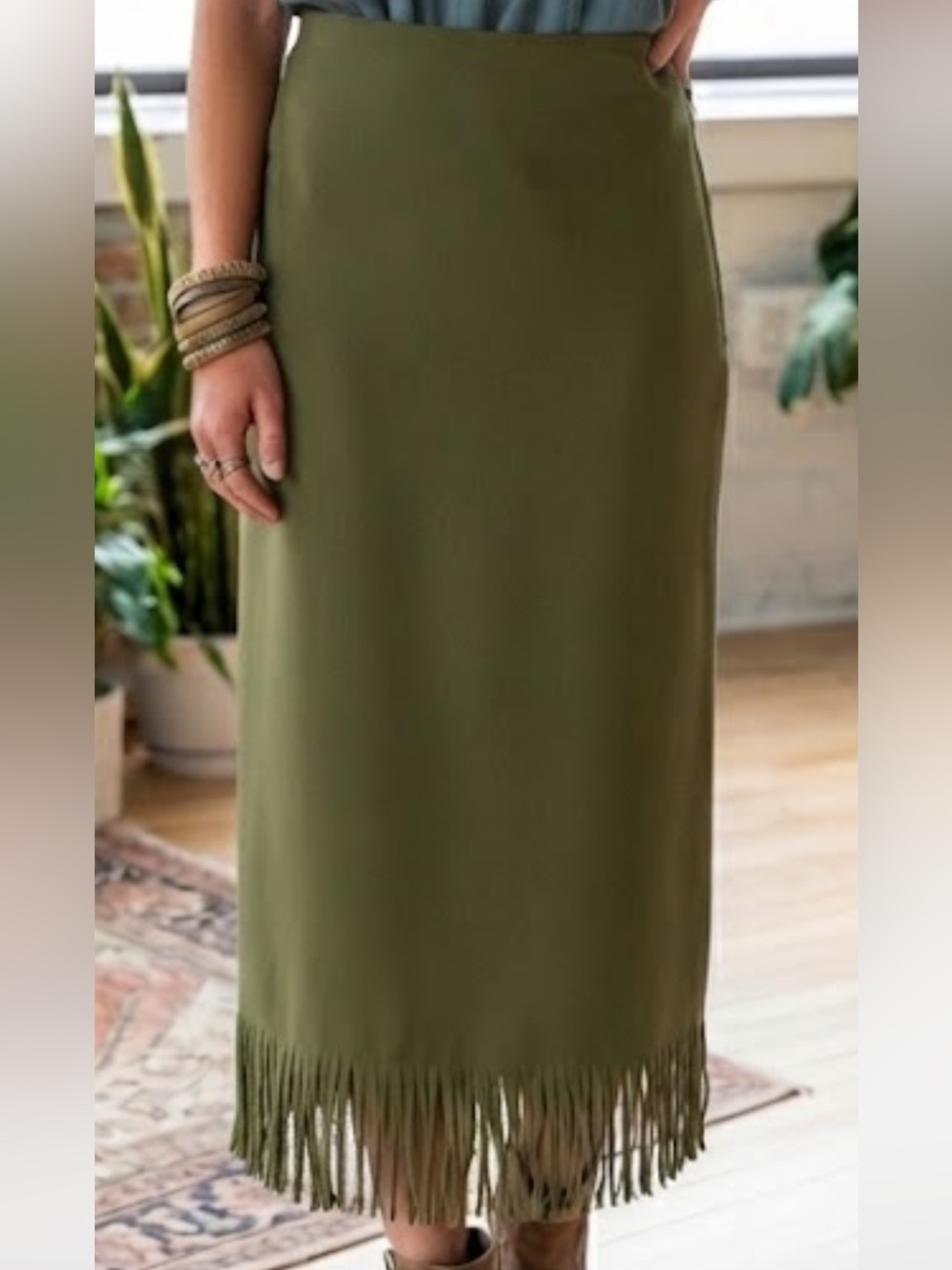 Pendleton Vintage Wool Skirt Olive Sage Green Fringe Trim Midi Boho 14